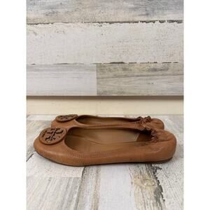 Tory Burch Womens 7 Brown Reva Tumbled Leather Slip On Stretch Ballet Flats
